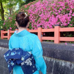 夏着物「スプラッシュ」×麻半巾帯「惑星カクテル」