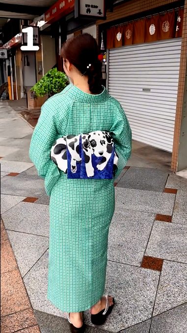 浴衣：千鳥格子と半幅帯：ごはんまだ？（ポチ）